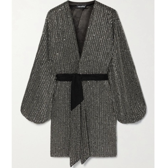 RETROFETE Gabrielle Velvet-trimmed Beaded Chiffon Mini Wrap Dress in Silver - Picture 7 of 9